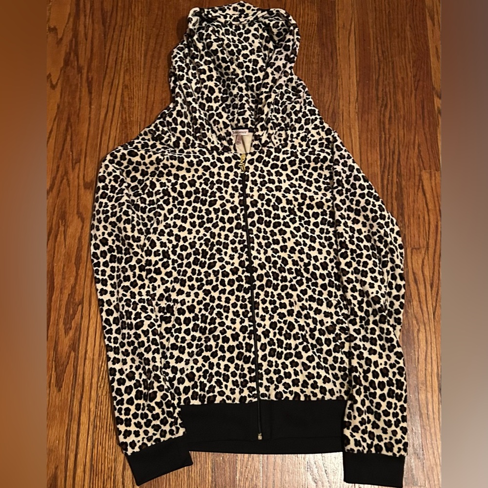 Juicy Couture Leopard Velour Track Jacket Women’s Size Large Full Zip Up Hooded